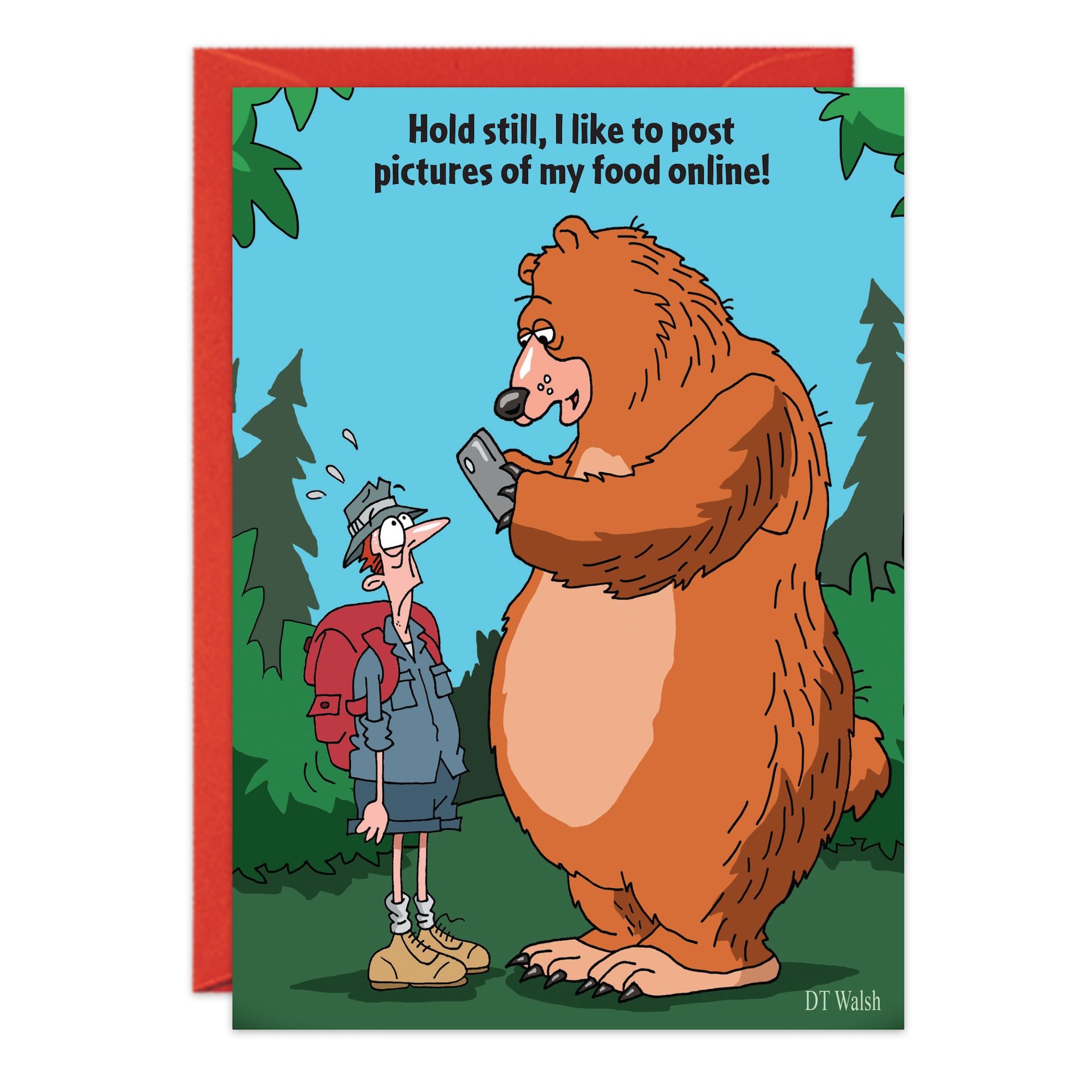 On 8953.jpg, a cartoon bear in a forest holds a phone and tells a scared hiker, "Hold still, I like to post pictures of my bear food online!"—a quirky birthday card scene.