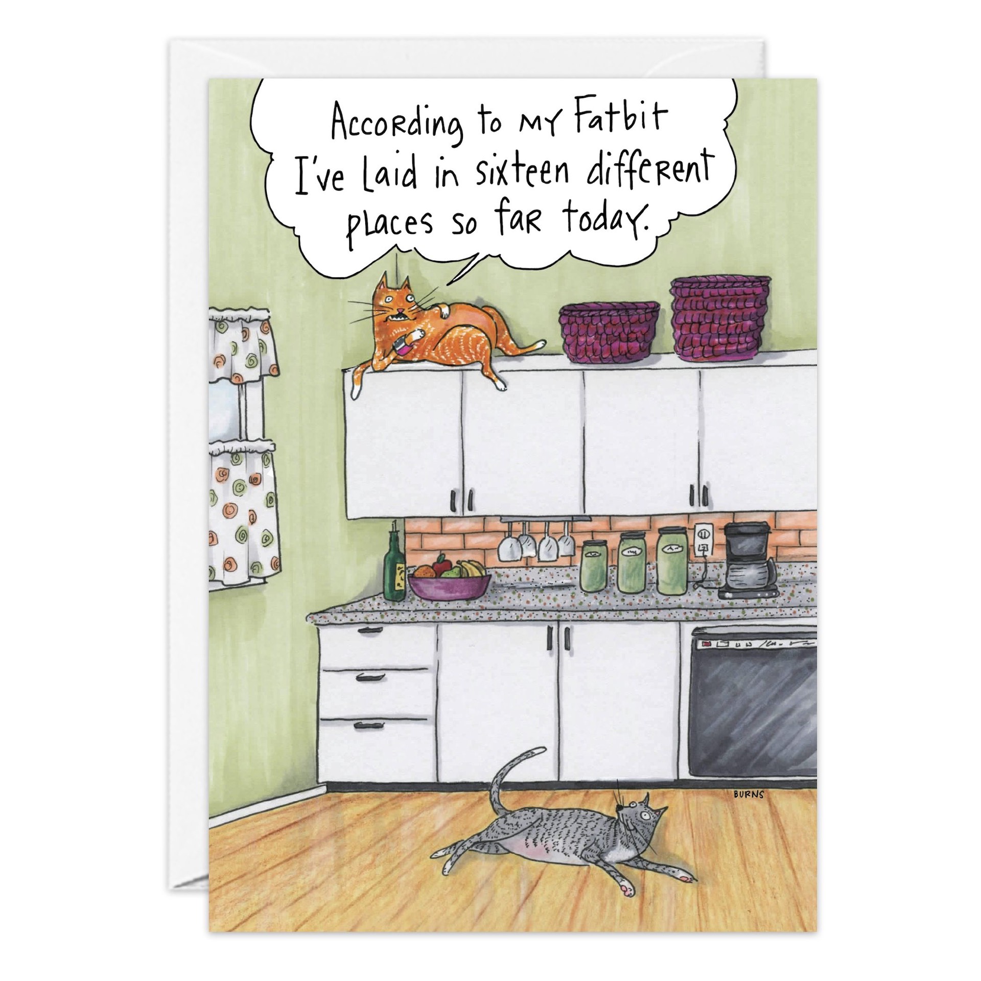 9038.jpg: Cartoon of two cats in a kitchen—ideal for a birthday card. An orange cat on top of the cabinets tells the gray cat below, "According to my Fatbit I’ve laid in sixteen different places so far today.