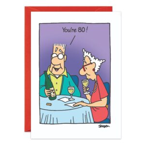 Cartoon of an elderly couple at a table with wine. The man holds a wine bottle and says "You're 80!" The woman wears red glasses and dress, with purple background and red envelope. Perfect for an 80th birthday card. Product: 9096.jpg.