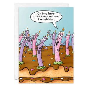 Design from 9152.jpg: A vibrant birthday card featuring a cake with sprinkles and cheerful candles. One candle exclaims, "Oh boy, here comes another one!" as the others prepare to sing—a playful way to say happy birthday!.