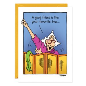Cartoon of an older woman with glasses waving joyfully over a dressing screen. Text: "A good friend is like your favorite bra..." Perfect birthday card for those who love laughter. Product name: 9174.jpg.