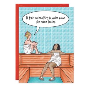 Two women in towels sit on wooden benches in a sauna. One says, "It feels so healthy to make room for more toxins." The photo is framed by the red-bordered 9181.jpg birthday card.