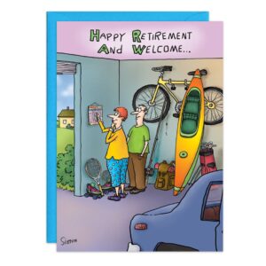 Cartoon features a couple in a garage with a kayak, bike, sports gear; the woman holds a jar of coins as the man looks surprised. Caption: "Happy Retirement And Welcome to Your 7 Day Weekend!" Product: 9186.jpg. Perfect retirement card!.