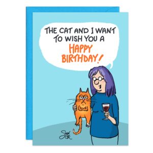 Cartoon of a woman with glasses holding a grumpy orange cat and wine, saying “The cat and I want to wish you a happy birthday!” The 9230.jpg birthday card has a light blue background and comes with an envelope.