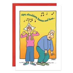 9236.jpg: A Get Well card featuring two elderly people dancing awkwardly—she touches her shoulders, he bends to his knees. Musical notes and “Hips, shoulders, knees and toes...” float above on a warm yellow-orange background.