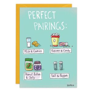 9258.jpg is an Anniversary Card called "Perfect Pairings" with cartoon milk & cookies, popcorn & candy, peanut butter & jelly, and salt & pepper on a light blue background. Comes with a yellow envelope.