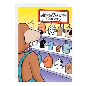 In "9276.jpg," a cartoon dog stands before shelves of Aromatherapy Candles with dog head-shaped molds, whimsically pondering its choice. This charming scene is ideal for a playful birthday card.