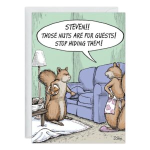 A cartoon from 9314.jpg shows two squirrels in a living room—one in an apron scolding the other for hiding guest nuts. The guilty squirrel holds nuts behind his back—a perfect Squirrels Birthday Card scene.