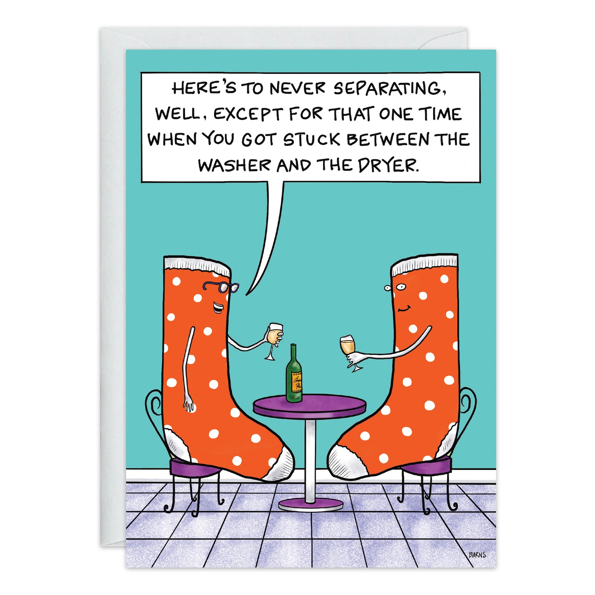 Two orange socks with white polka dots (9327.jpg) sit at a table, clinking glasses. One says, “Here’s to never separating—happy anniversary to my true Sole Mate (except for that washer-dryer incident)!”.
