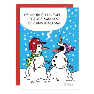 Two snowmen stand in the snow; one looks frustrated, missing a carrot nose, while the other sticks out their tongue. A speech bubble jokes about "cannibalism." This quirky scene from 9344.jpg is perfect for a Christmas card.
