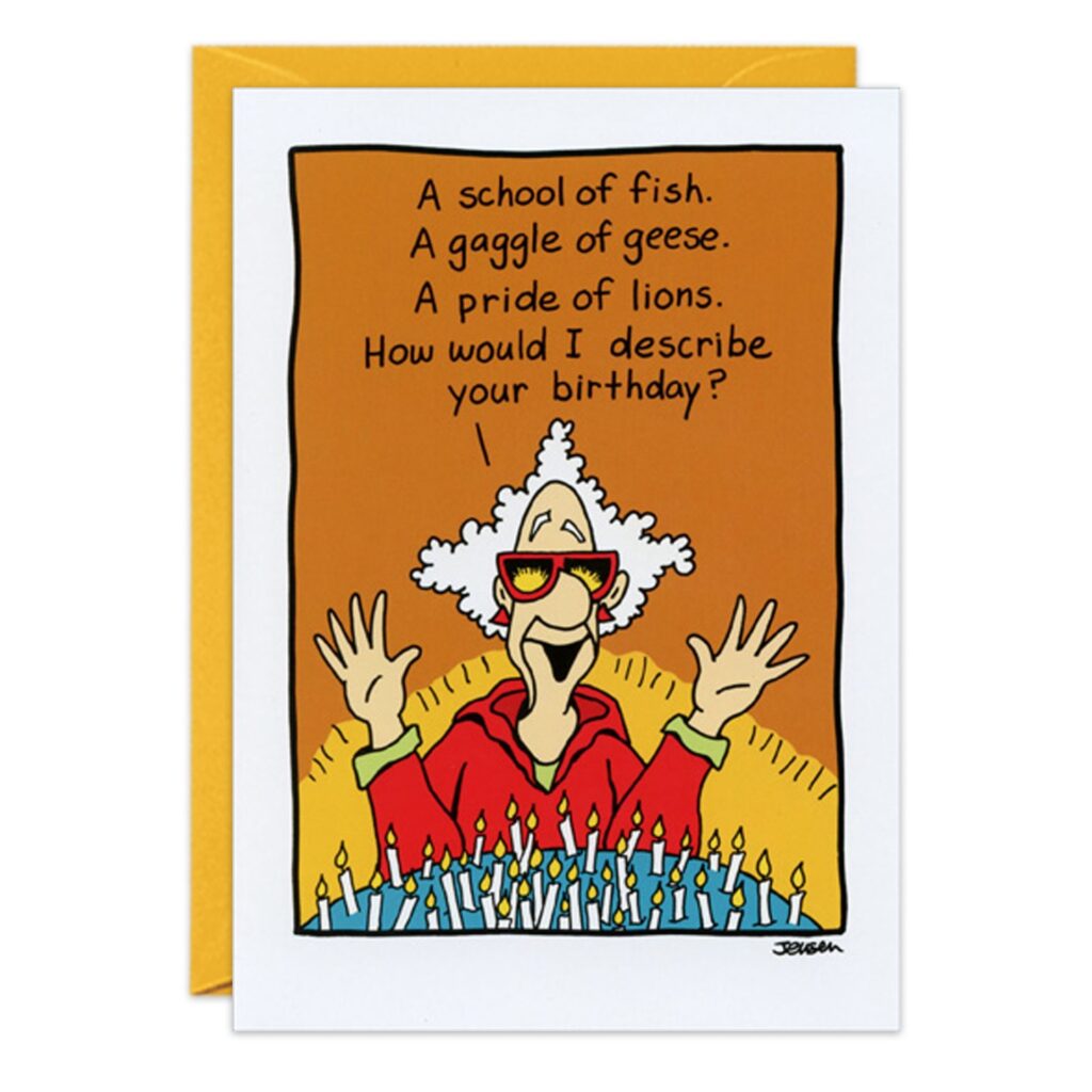 Cartoon of an older person with white hair, red glasses, and a red shirt surrounded by many candles. Text above: A school of fish. A gaggle of geese. A pride of lions. How would I describe your birthday? Product: 1686.jpg.