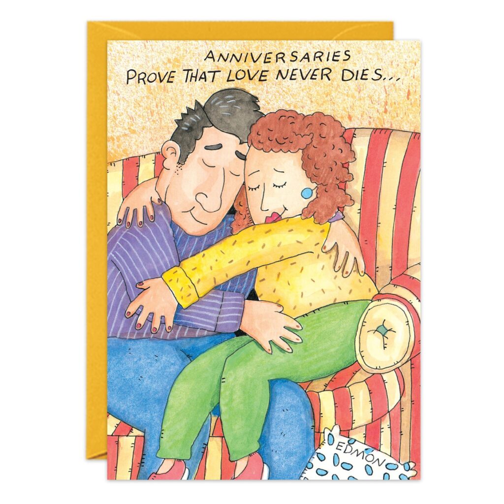 1777.jpg features a couple hugging on a striped couch with content smiles and closed eyes. Above them, text reads "Anniversaries prove that love never dies..."—a perfect Anniversary Card to celebrate lasting romance.