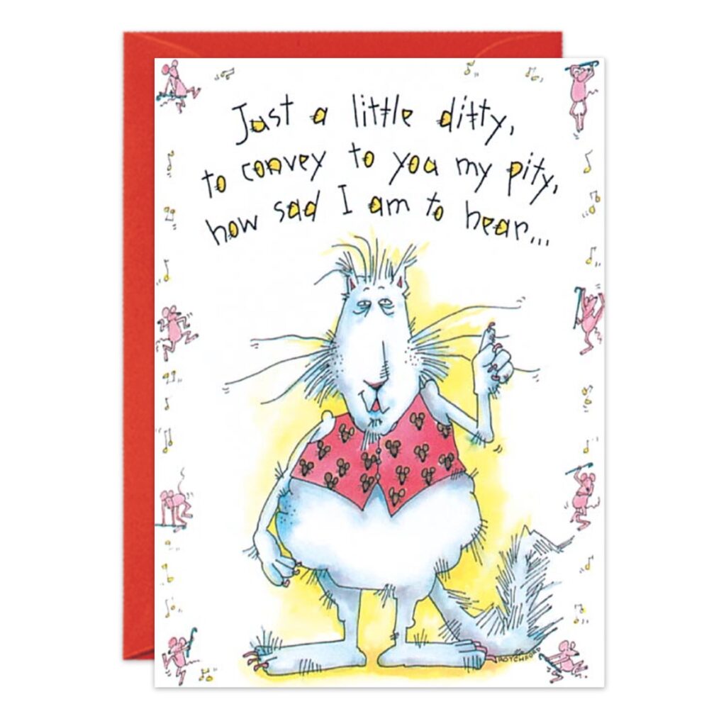 5597.jpg is a whimsical Get Well Card with a cartoon bunny in a red vest, raising one finger, plus pink dancing mice along the border. Text: "Just a little ditty, to convey to you my pity, how sad I am to hear...