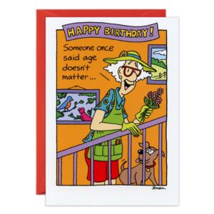 A vibrant birthday card (7166.jpg) features an elderly woman in outdoor attire holding flowers, smiling beside her dog. The cover reads: Happy Birthday! Someone once said age doesn't matter...