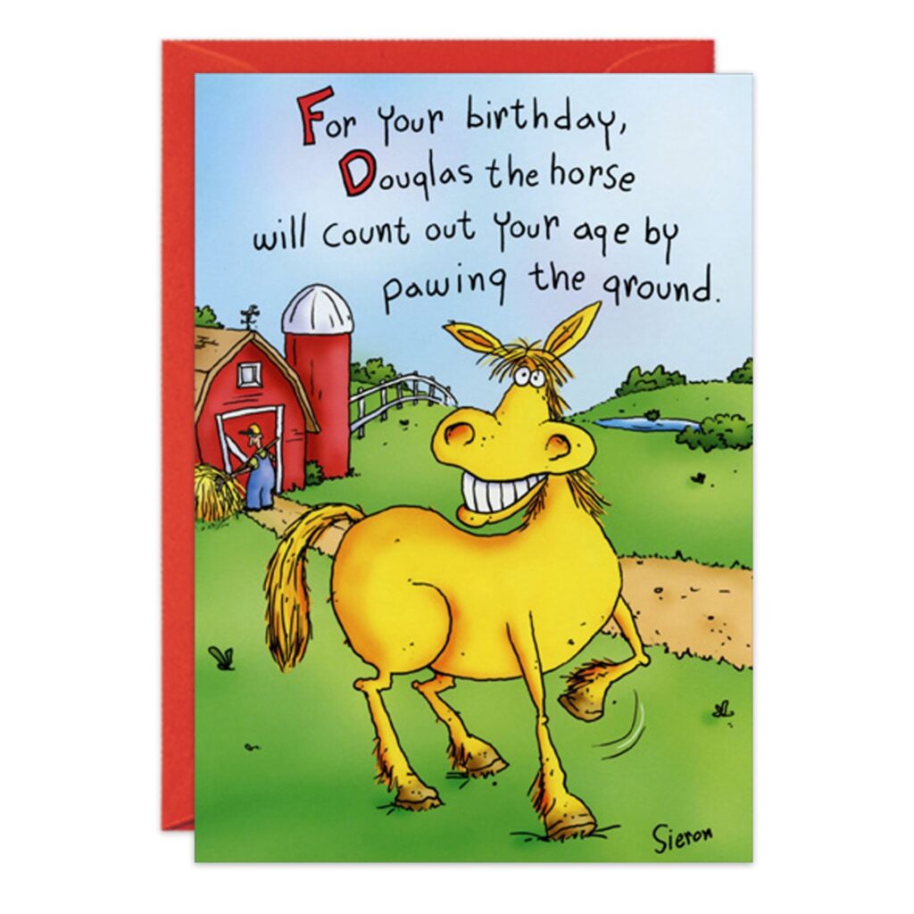 The 7454.jpg Birthday Card features a cheerful yellow horse pawing the ground by a barn with the text: "For your birthday, Douglas the horse will count out your age by pawing the ground.