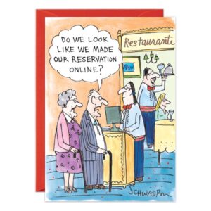 A cartoon shows an elderly couple at a restaurant podium. The man asks the host, "Do we look like we made our reservation with 8190.jpg?" The host stands behind a computer, and a waiter is visible in the background.