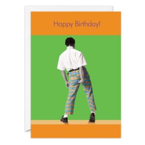 8230.jpg Birthday Card: Features a person with their back turned in a white shirt and colorful striped pants on a green and orange background, with "Happy Birthday!" in bold purple letters at the top.
