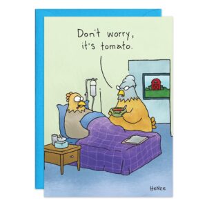 A cartoon chicken in a hospital bed is visited by another holding a "Chicken Soup" bowl, saying, "Don't worry, it's tomato." Features IV drip, tissue box, and barn painting. Perfect Get Well Card. Product: 8284.jpg.