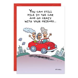8285.jpg features a cartoon of three older women happily riding in a red convertible with a city backdrop. Ideal for a funny birthday card or celebrating that senior discount with friends!.