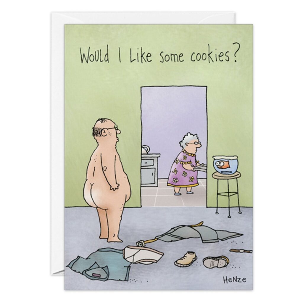 The cartoon "8328.jpg" features a naked man with clothes on the floor; an elderly woman in the kitchen asks, “Would I like some cookies?” as a goldfish watches in sweet surprise.