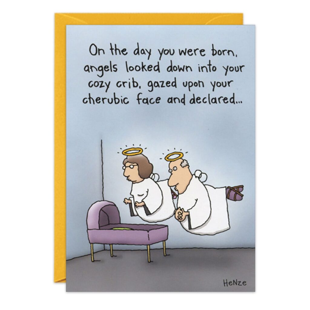 The 8402.jpg Birthday Card features two cartoon angels with halos hovering over a purple crib, admiring a baby. The card's text reads: "On the day you were born, angels looked down into your cozy crib and declared...