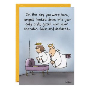The 8402.jpg Angels Birthday Card features two haloed angels hovering over a crib, reading: On the day you were born, angels looked down into your cozy crib, gazed upon your cherubic face and declared...