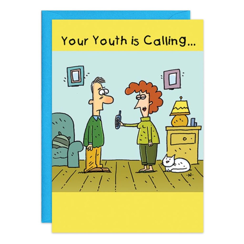 Cartoon from 8410.jpg shows a woman handing a phone to a man in a living room, with the text "Your Youth is Calling..." Ideal for youth birthday cards; features a cat sleeping on the floor by a table with a lamp.