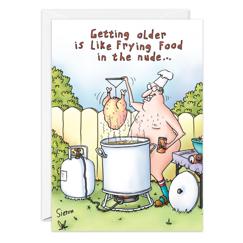 The 8741.jpg Birthday Card shows a cartoon of an older man frying food nude, with only socks and glasses, holding a drink. The card reads: "Getting older is like frying food in the nude...