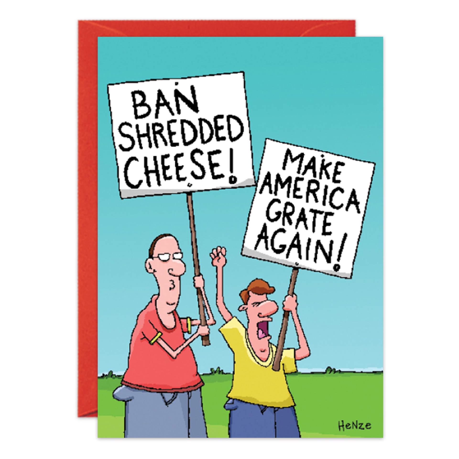 8811.jpg: A funny birthday card featuring a cartoon of two excited people with protest signs—one says "BAN SHREDDED CHEESE!" and the other "MAKE AMERICA GRATE AGAIN!" Perfect for cheese lovers.