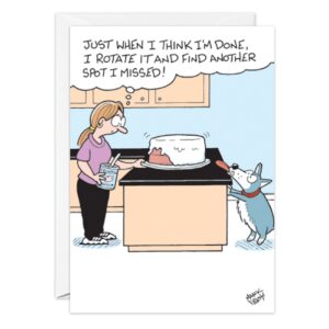 On the "8826.jpg" birthday card, a woman ices a cake and sees a missed spot while her dog stands on two legs, licking the other side. The caption says: “Just when I think I’m done, I rotate it and find another spot I missed!”.