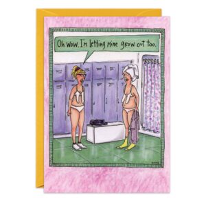 8842.jpg: Cartoon birthday card shows two women in towels bonding in a locker room, each displaying long armpit hair. One woman says, “Oh wow. I’m letting mine grow out too,” with lockers visible behind them.