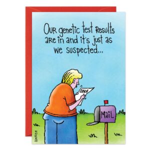 A cartoon on 8939.jpg shows someone reading a "DNA" paper by a mailbox with the caption, "Our genetic test results are in and it’s just as we suspected..."—ideal for a quirky relative birthday card.