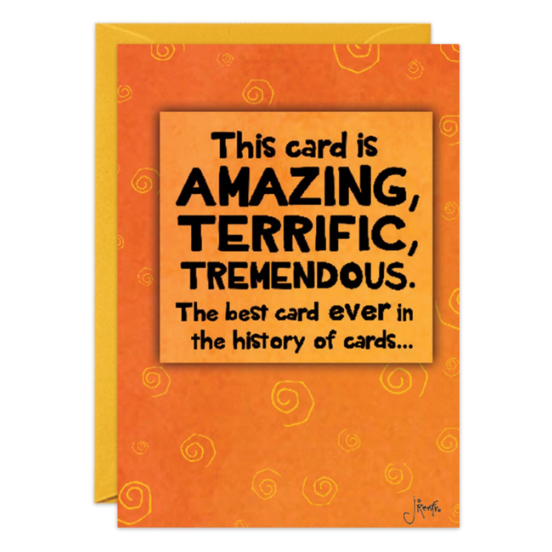 The orange Birthday Card (8967.jpg) with yellow swirls says: "This card is AMAZING, TERRIFIC, TREMENDOUS. The best Trump Card ever in the history of cards." A matching yellow envelope is included.
