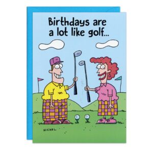 Cartoon of two smiling people in colorful golf outfits holding clubs on a green field. "Birthdays are a lot like golf..." is written above. The playful Golf Birthday Card (8968.jpg) comes with a blue envelope.