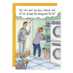 A man in a laundry room says, "Hey, why don't you take a break and let me do that the wrong way for you?"—an ideal image for the 8983.jpg Laundry Break Birthday Card.