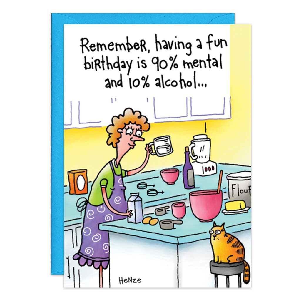On 8994.jpg, a woman holds a mug in her kitchen with drinks and baking items. Her cat sits on a stool by a sign that reads: "Remember, having a fun birthday is 90% mental and 10% alcohol...