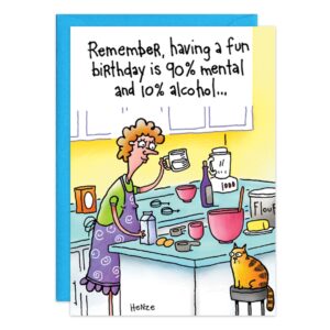 Cartoon of a woman baking in a kitchen, talking to her cat. Text: "Remember, having a fun birthday is 90% mental and 10% alcohol..."—the perfect Fun Birthday Card! Product: 8994.jpg.