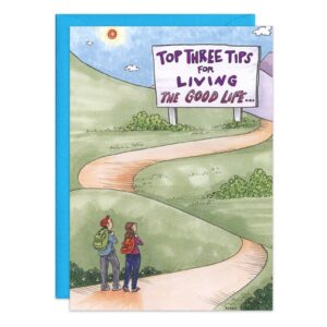 Two people stand on a scenic, hilly path under a cheerful sun, looking at a billboard that reads, "Top Three Tips for living the good life..."—a perfect image for an anniversary card.
