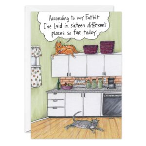 The 9038.jpg Birthday Card features an orange cat atop kitchen cabinets saying, "According to my Fatbit, I've laid in sixteen different places today," while a gray cat lounges below—a fun card for any cat lover!.