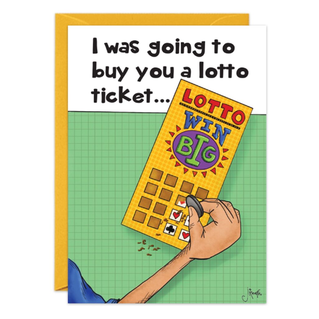 Anniversary Card (Design 9053.jpg) shows a hand scratching a Lotto Ticket labeled WIN BIG, with "I was going to buy you a lotto ticket..." above. Comes with an orange envelope.