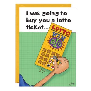 The greeting card "9053.jpg" features a hand scratching a lotto ticket labeled “WIN BIG.” The anniversary message reads, “I was going to buy you a lotto ticket...” An orange envelope peeks out from behind the card.