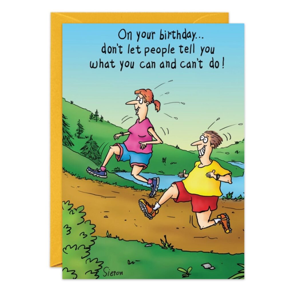 Cartoon of two runners on a riverside path, smiling and determined. Text: On your birthday... Don’t let people tell you what you can and can’t do! Perfect for runners—birthday card (9069.jpg).