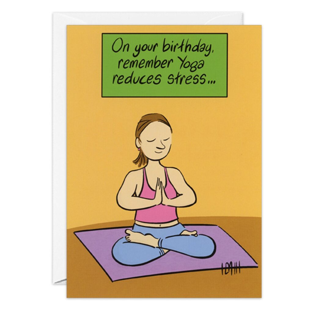 The 9099.jpg card shows a cartoon woman cross-legged on a yoga mat, hands in prayer, under a green "On your birthday, remember yoga reduces stress..." sign. The fun Yoga Birthday Card has a plain yellow background.