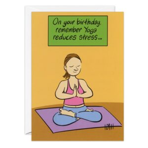 A cartoon woman sits cross-legged on a yoga mat with hands in prayer pose under a green sign: "On your birthday, remember yoga reduces stress..." 9099.jpg is the perfect Yoga Birthday Card with an orange and brown background.