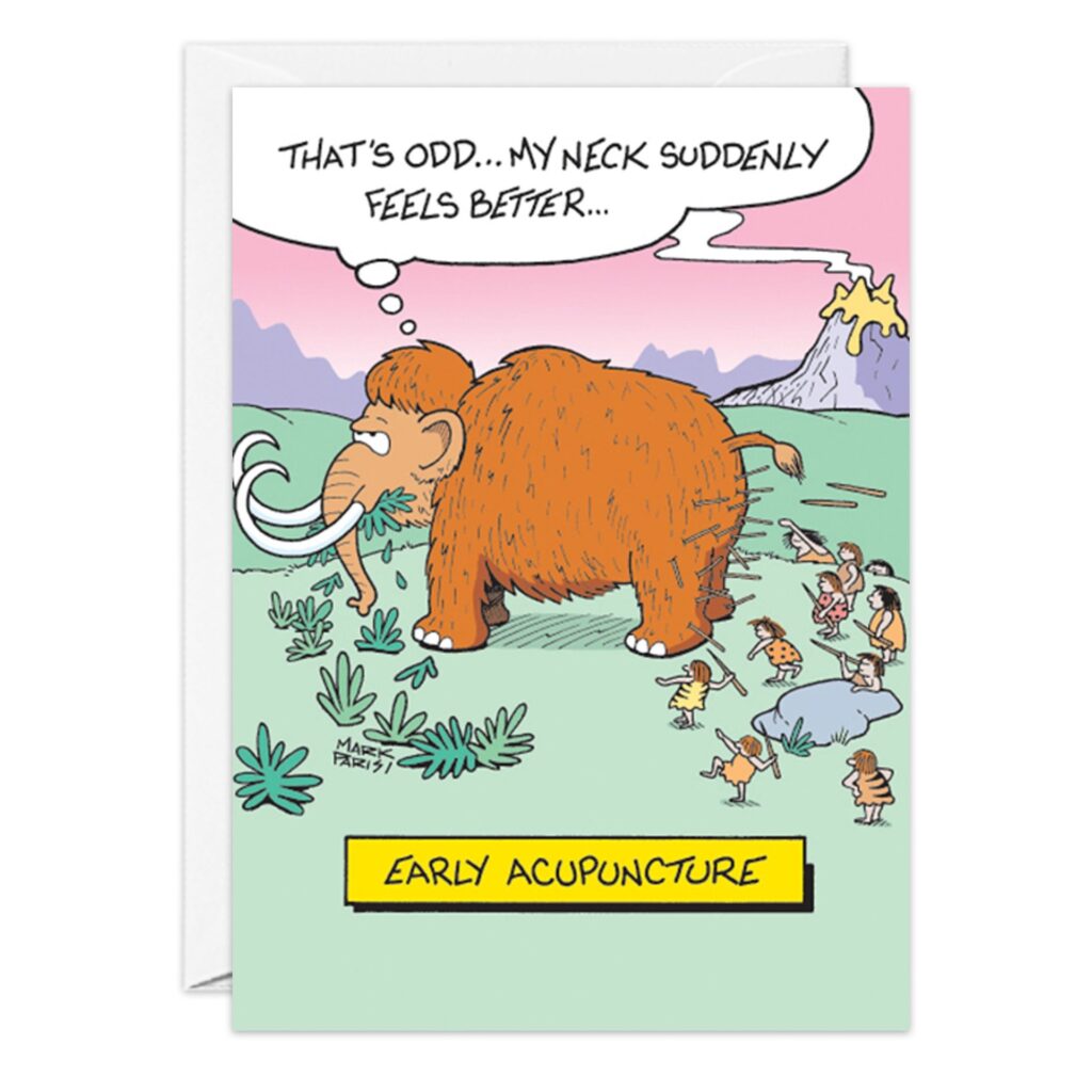 A cartoon mammoth says, “That’s odd… my neck suddenly feels better…” while cavemen chase it with spears. A volcano erupts in the background. 9134.jpg is a hilarious Mammoth Greeting Card—perfect as a unique Get Well Card!.