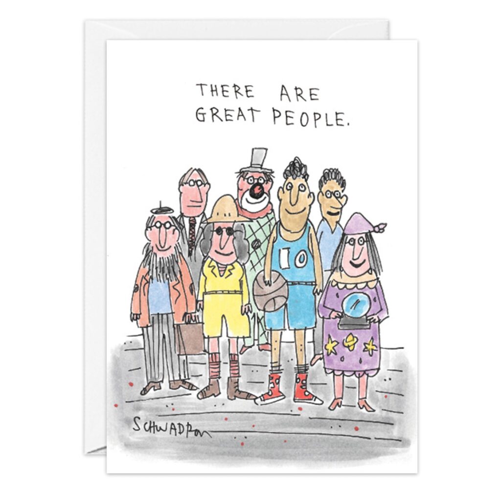 9153.jpg features a cartoon of eight diverse, quirky characters in vibrant outfits, standing together and smiling with "Great People" above them—ideal for a cheerful Thank You Card.