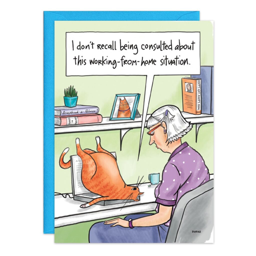 The card "9215.jpg" features a cartoon of an older woman working from home at her desk, with an orange cat lying upside down on her keyboard. She says, “I don’t recall being consulted about this working-from-home situation.”.