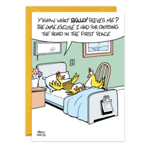 The "9229.jpg" card shows a cartoon chicken in a hospital bed telling another, “Y’know what really peeves me? The lame excuse I had for crossing the road.” Clipboard and flowers sit by the bed.