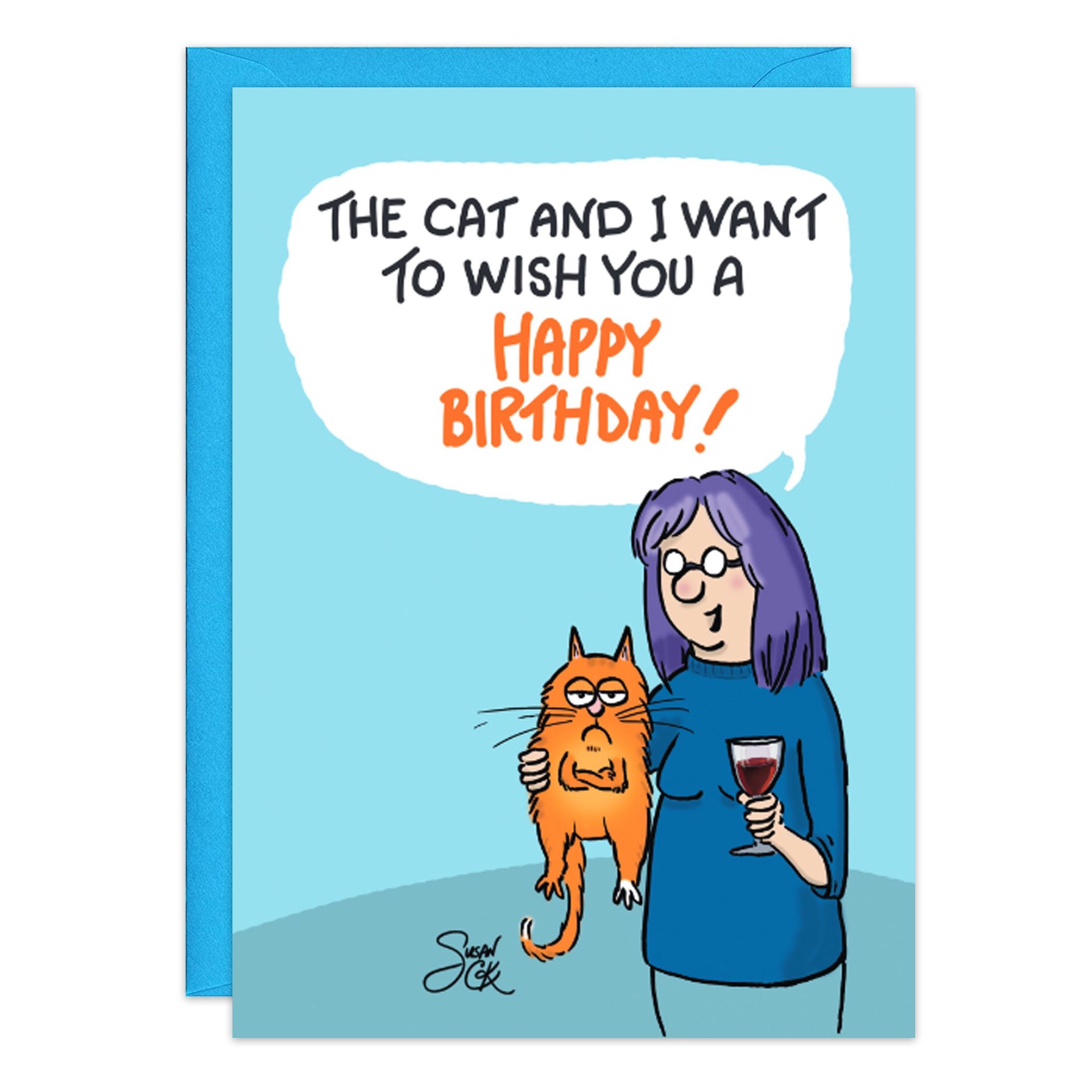 9230.jpg is a cartoon birthday card featuring a woman with glasses, a grumpy orange cat, and a glass of wine. The speech bubble reads, "The Cat And I want to wish you a happy birthday!" A blue background completes the charming design.
