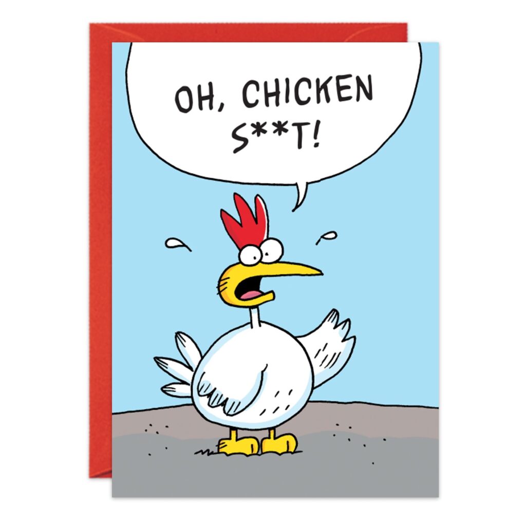 A cartoon chicken with wide eyes and open beak stands on the ground, saying "OH, CHICKEN S**T!" in a speech bubble. This funny birthday card (9233.jpg) includes a red envelope in the background.